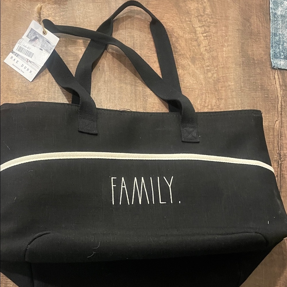 Rae Dunn Black Canvas Tote with 'Family' Embroidery (insulated)